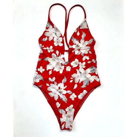 Frankies Bikinis Janelle One-Piece Swimsuit Red Floral Azalea Cheeky Cut Size M - Picture 2 of 9